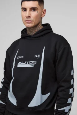 Flash Sale boohooMAN Tall Oversized Boxy Moto Print Hoodie black