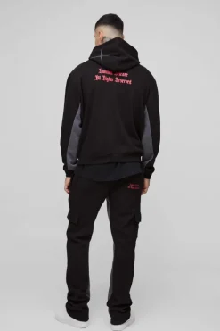 Flash Sale boohooMAN Tall Oversized Boxy Official Hooded Gusset Jogger Tracksuit black