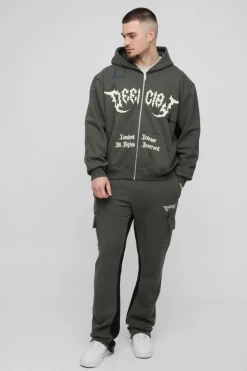 Discount boohooMAN Tall Oversized Boxy Official Hooded Gusset Jogger Tracksuit khaki