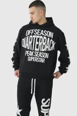 Sale boohooMAN Tall Oversized Boxy Off Season Puff Printed Hooded Tracksuit black