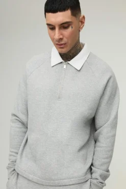 Cheap boohooMAN Tall Oversized Boxy Polo Sweatshirt in grey