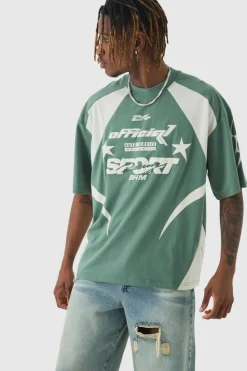 Flash Sale boohooMAN Tall Oversized Boxy Puff Print Moto Extended Neck T-shirt green