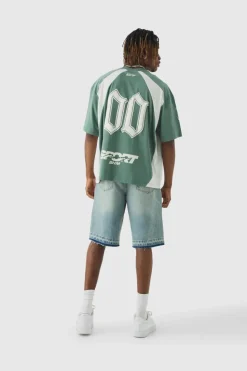Flash Sale boohooMAN Tall Oversized Boxy Puff Print Moto Extended Neck T-shirt green