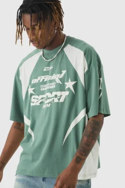 Flash Sale boohooMAN Tall Oversized Boxy Puff Print Moto Extended Neck T-shirt green