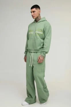 Online boohooMAN Tall Oversized Boxy Seam Detail Limited Hooded Wide Fit Tracksuit green