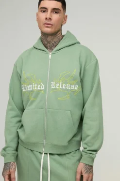 Online boohooMAN Tall Oversized Boxy Seam Detail Limited Hooded Wide Fit Tracksuit green