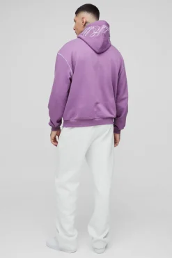 Best Sale boohooMAN Tall Oversized Boxy Twill Applique Contrast Stitch Hoodie purple