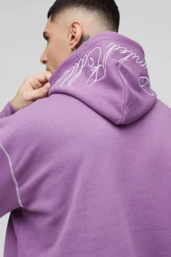 Best Sale boohooMAN Tall Oversized Boxy Twill Applique Contrast Stitch Hoodie purple
