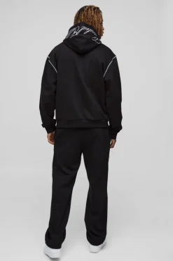 Shop boohooMAN Tall Oversized Boxy Twill Applique Contrast Stitch Hoodie black