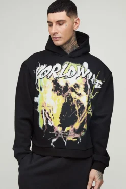 Outlet boohooMAN Tall Oversized Boxy Worldwide Large Scale Print Hoodie black
