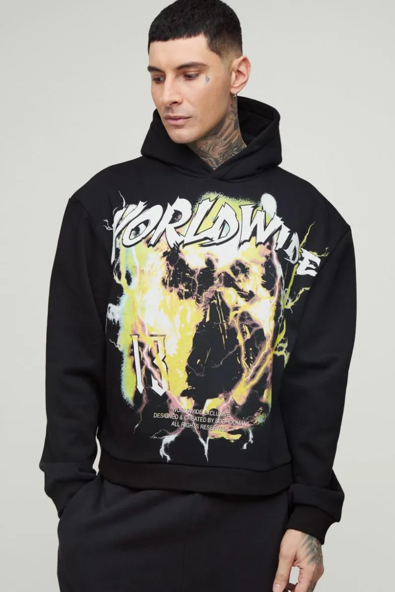 Outlet boohooMAN Tall Oversized Boxy Worldwide Large Scale Print Hoodie black