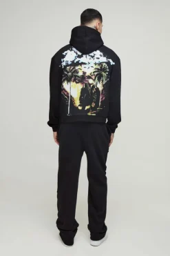 Outlet boohooMAN Tall Oversized Boxy Worldwide Large Scale Print Hoodie black