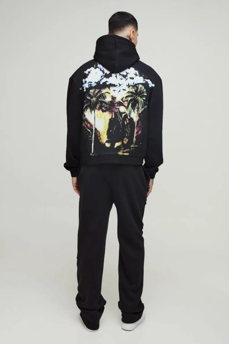 Outlet boohooMAN Tall Oversized Boxy Worldwide Large Scale Print Hoodie black