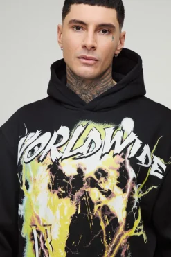 Outlet boohooMAN Tall Oversized Boxy Worldwide Large Scale Print Hoodie black