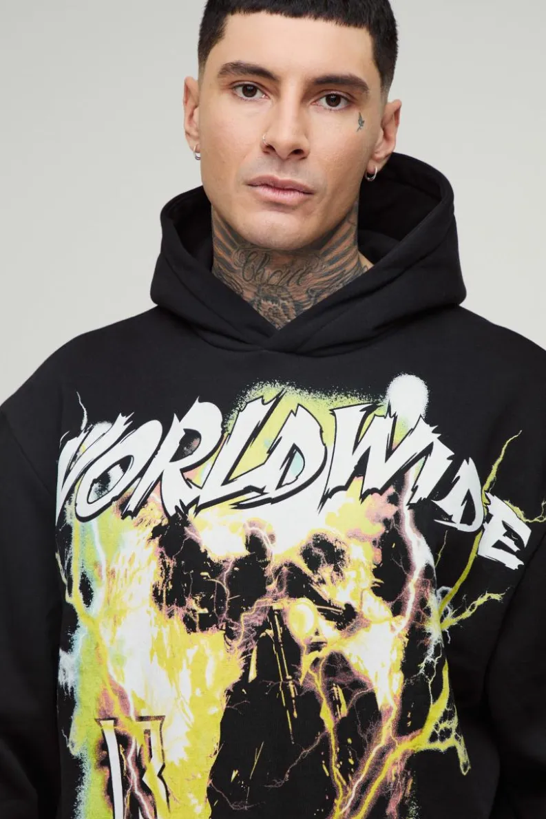 Outlet boohooMAN Tall Oversized Boxy Worldwide Large Scale Print Hoodie black