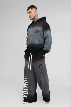 Clearance boohooMAN Tall Oversized Boxy Zip Thru Official Spray Wash Hooded Wide Leg Tracksuit black