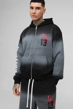 Clearance boohooMAN Tall Oversized Boxy Zip Thru Official Spray Wash Hooded Wide Leg Tracksuit black