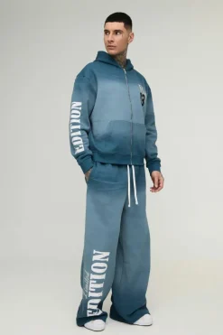 Discount boohooMAN Tall Oversized Boxy Zip Thru Official Spray Wash Hooded Wide Leg Tracksuit navy