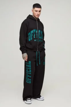 Clearance boohooMAN Tall Oversized Boxy Zip Thru Rhinestone Applique Hooded Tracksuit black