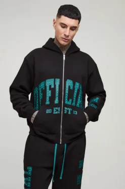 Clearance boohooMAN Tall Oversized Boxy Zip Thru Rhinestone Applique Hooded Tracksuit black
