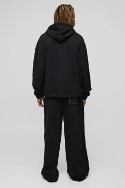 Shop boohooMAN Tall Oversized Boxy Zip Thru Seam Detail Hooded Tracksuit black