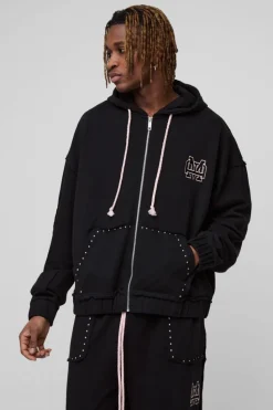 Shop boohooMAN Tall Oversized Boxy Zip Thru Seam Detail Hooded Tracksuit black