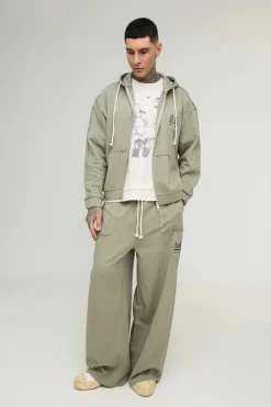 Cheap boohooMAN Tall Oversized Boxy Zip Thru Seam Detail Hooded Tracksuit stone