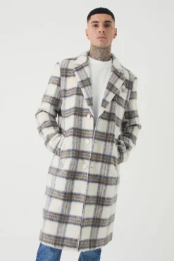 Store boohooMAN Tall Oversized Brushed Check Overcoat In ecru