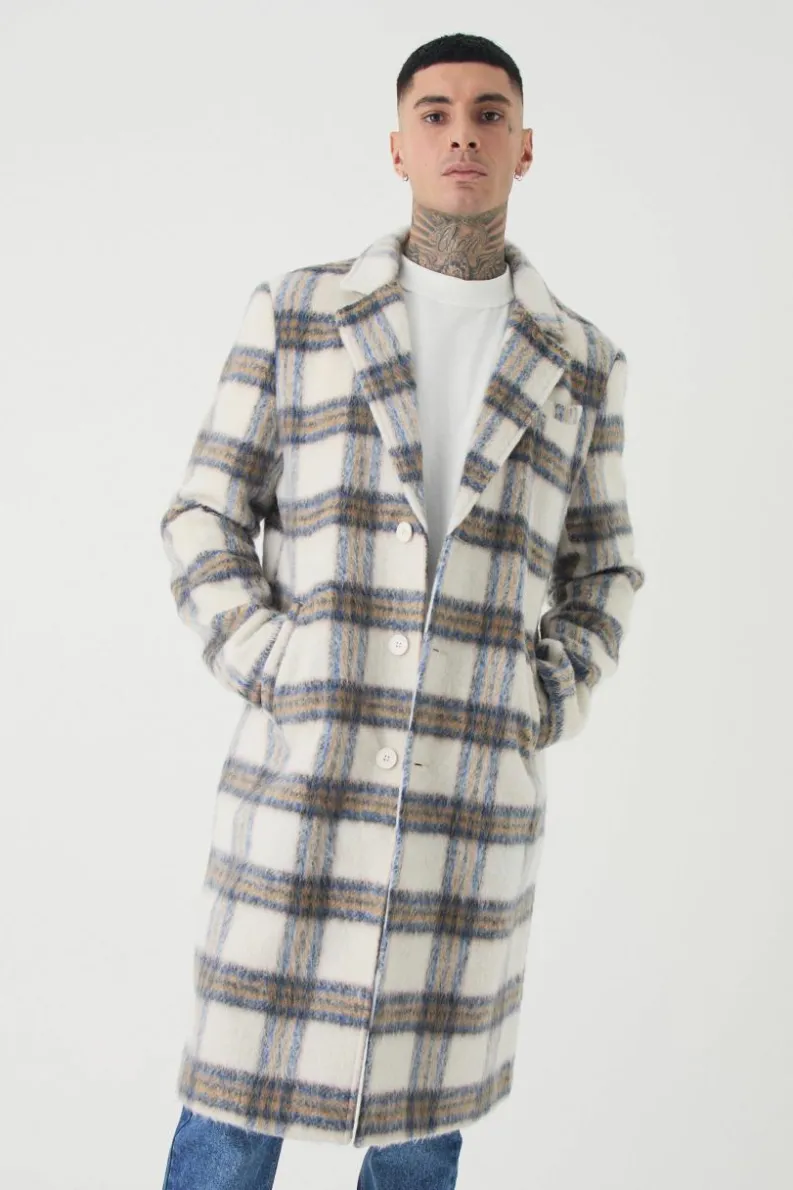 Store boohooMAN Tall Oversized Brushed Check Overcoat In ecru