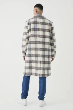 Store boohooMAN Tall Oversized Brushed Check Overcoat In ecru