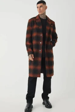 Cheap boohooMAN Tall Oversized Brushed Check Overcoat In brown