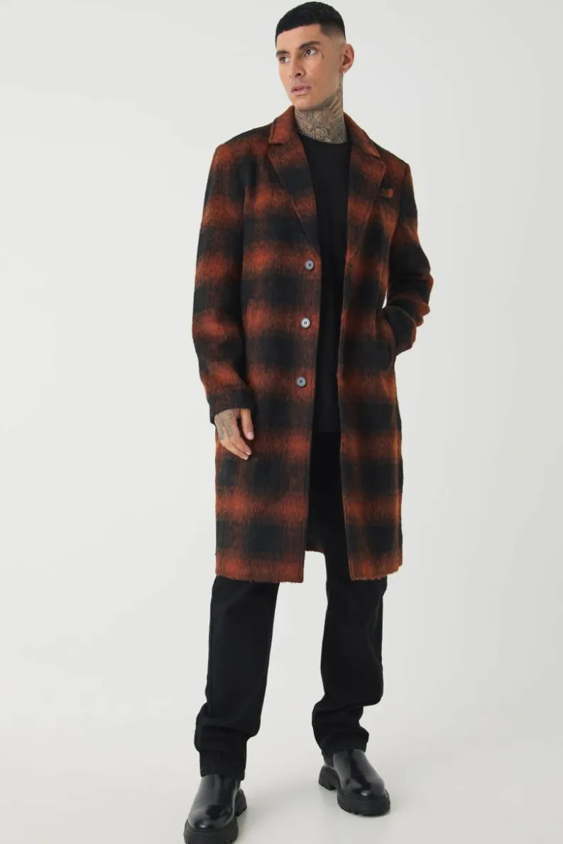 Cheap boohooMAN Tall Oversized Brushed Check Overcoat In brown