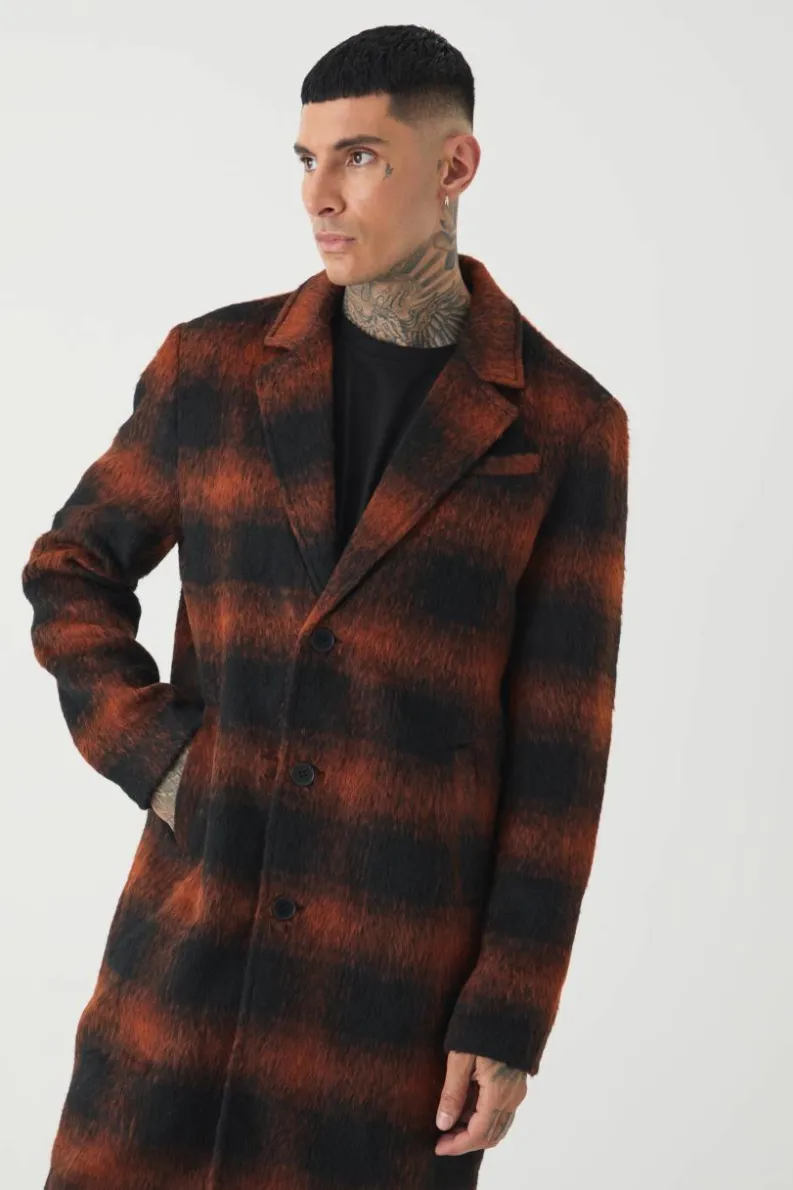 Cheap boohooMAN Tall Oversized Brushed Check Overcoat In brown