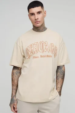 Sale boohooMAN Tall Oversized Chicago Print T-shirt sand