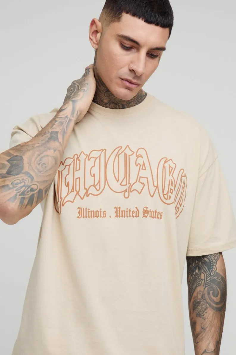 Sale boohooMAN Tall Oversized Chicago Print T-shirt sand