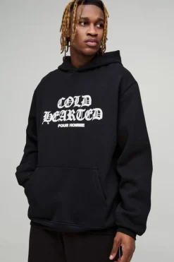Best boohooMAN Tall Oversized Cold Hearted Puff Print Hoodie black