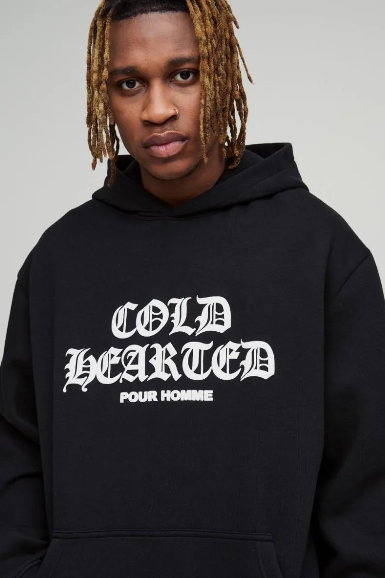 Best boohooMAN Tall Oversized Cold Hearted Puff Print Hoodie black