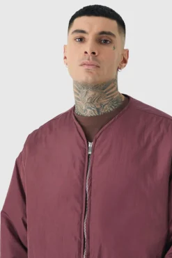 Sale boohooMAN Tall Oversized Collarless Padded Bomber Jacket In wine