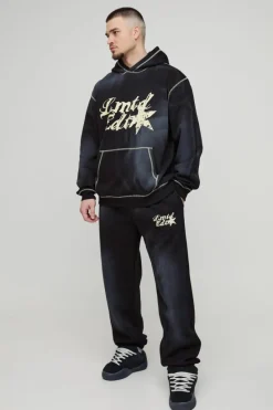 Sale boohooMAN Tall Oversized Contrast Stitch Lmted Spray Wash Hooded Tracksuit black
