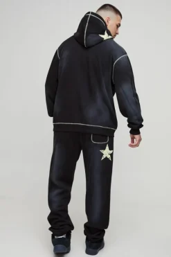 Sale boohooMAN Tall Oversized Contrast Stitch Lmted Spray Wash Hooded Tracksuit black