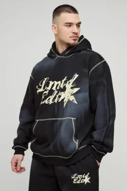 Sale boohooMAN Tall Oversized Contrast Stitch Lmted Spray Wash Hooded Tracksuit black
