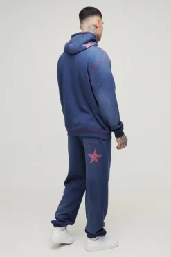 Cheap boohooMAN Tall Oversized Contrast Stitch Lmted Spray Wash Jogger navy