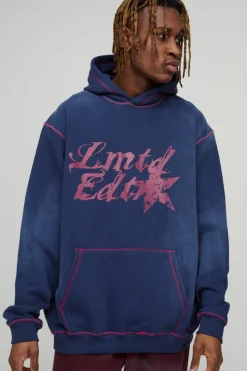 Discount boohooMAN Tall Oversized Contrast Stitch Lmted Spray Wash Hoodie navy