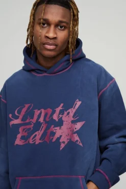 Discount boohooMAN Tall Oversized Contrast Stitch Lmted Spray Wash Hoodie navy