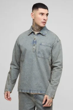 Best Sale boohooMAN Tall Oversized Denim Rugby Shirt antique wash