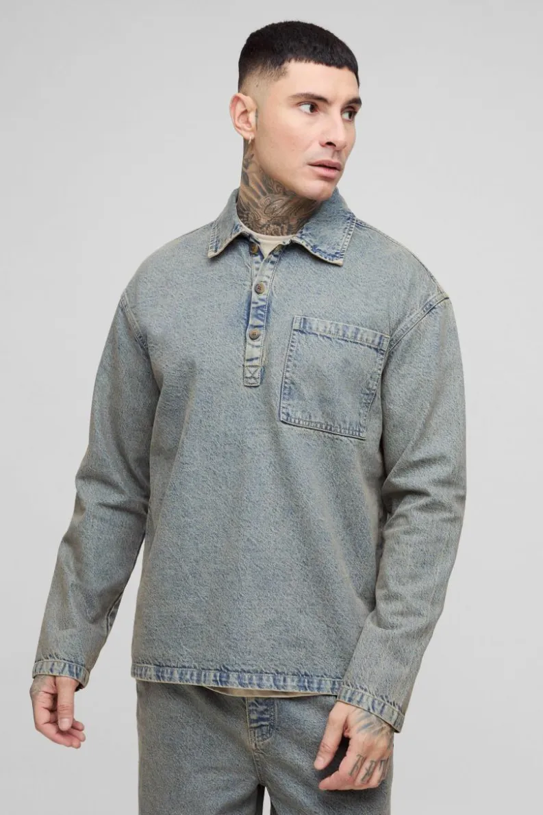 Best Sale boohooMAN Tall Oversized Denim Rugby Shirt antique wash