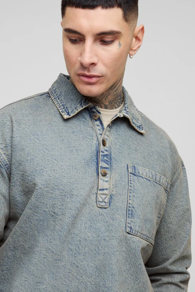 Best Sale boohooMAN Tall Oversized Denim Rugby Shirt antique wash