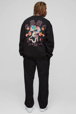 Best Sale boohooMAN Tall Oversized Dragon Floral Graphic Extended Neck Sweatshirt black