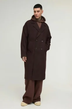 Fashion boohooMAN Tall Oversized Drop Shoulder Herringbone Overcoat In brown