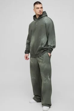 Online boohooMAN Tall Oversized Embroidered Spray Wash Wide Fit Boxer Jogger Tracksuit khaki